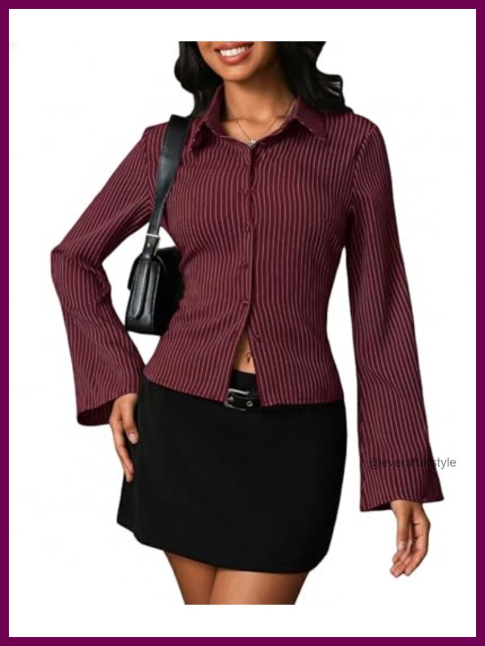 Striped Fitted Button Down Shirt Bell Long Sleeve Office Blouse